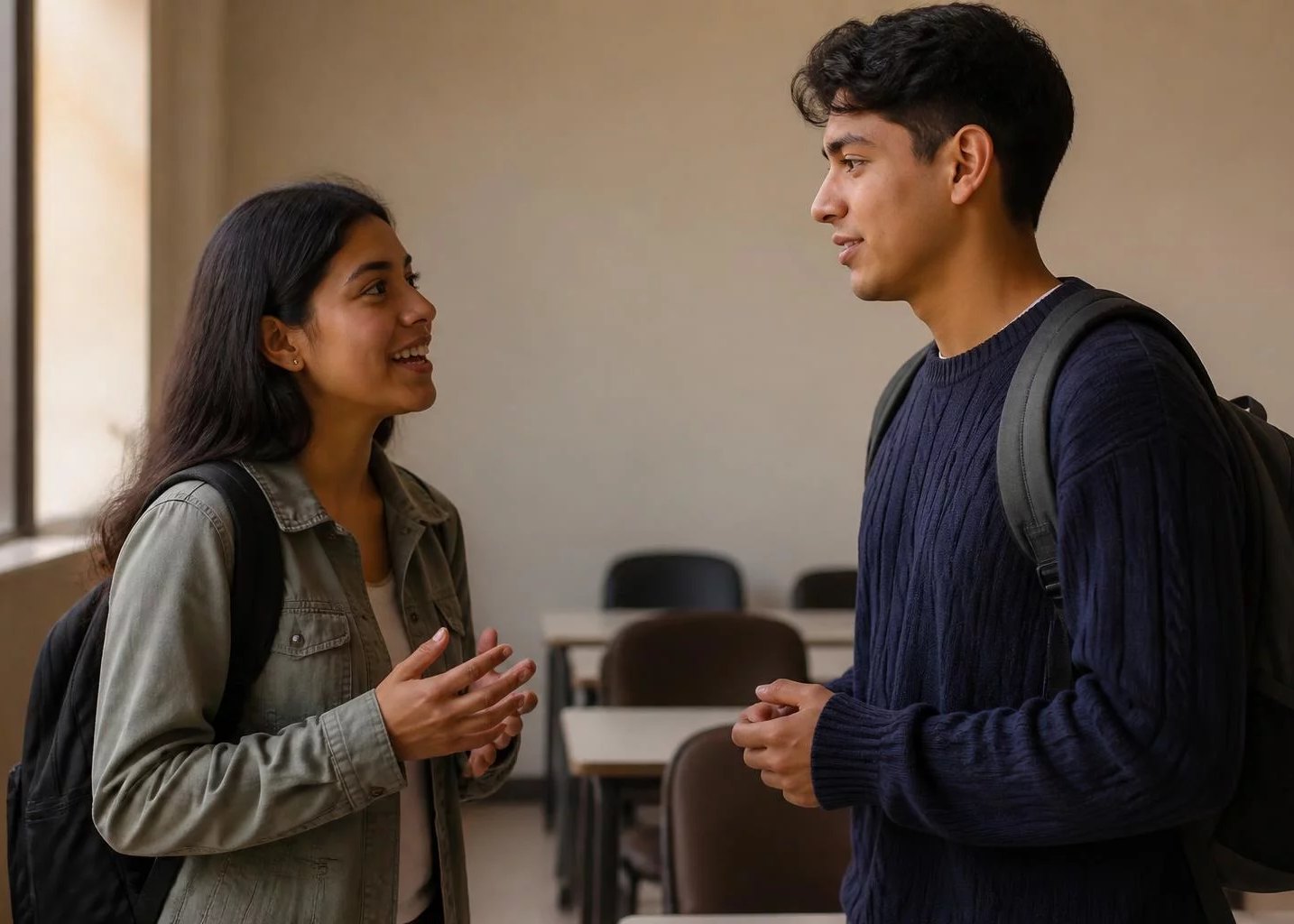 Dos jóvenes con mochila, charlando en un pasillo