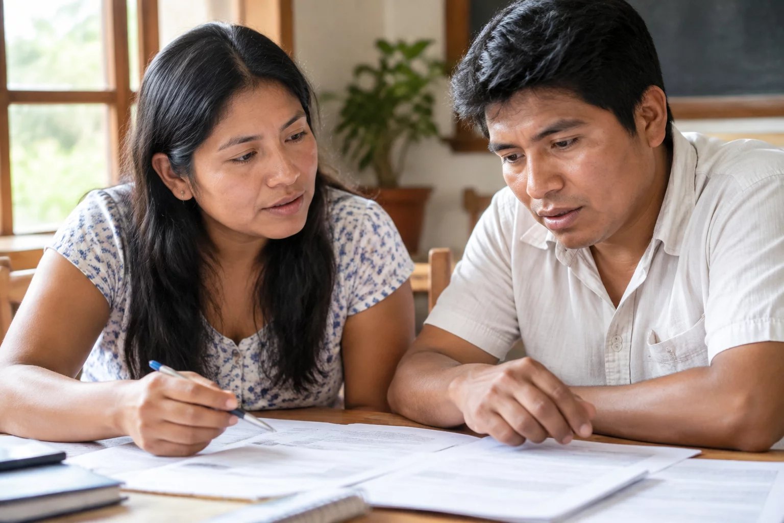 Dos asistentes en la mesa de trabajo, entre hojas y anotaciones