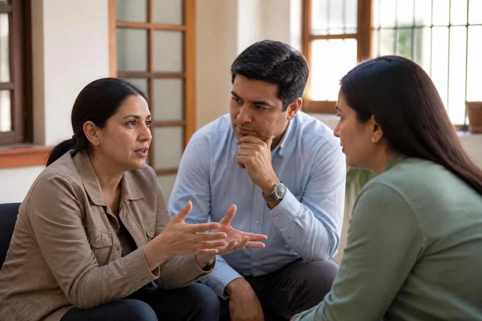 Tres personas en una sala de reuniones, una de ellas argumentando