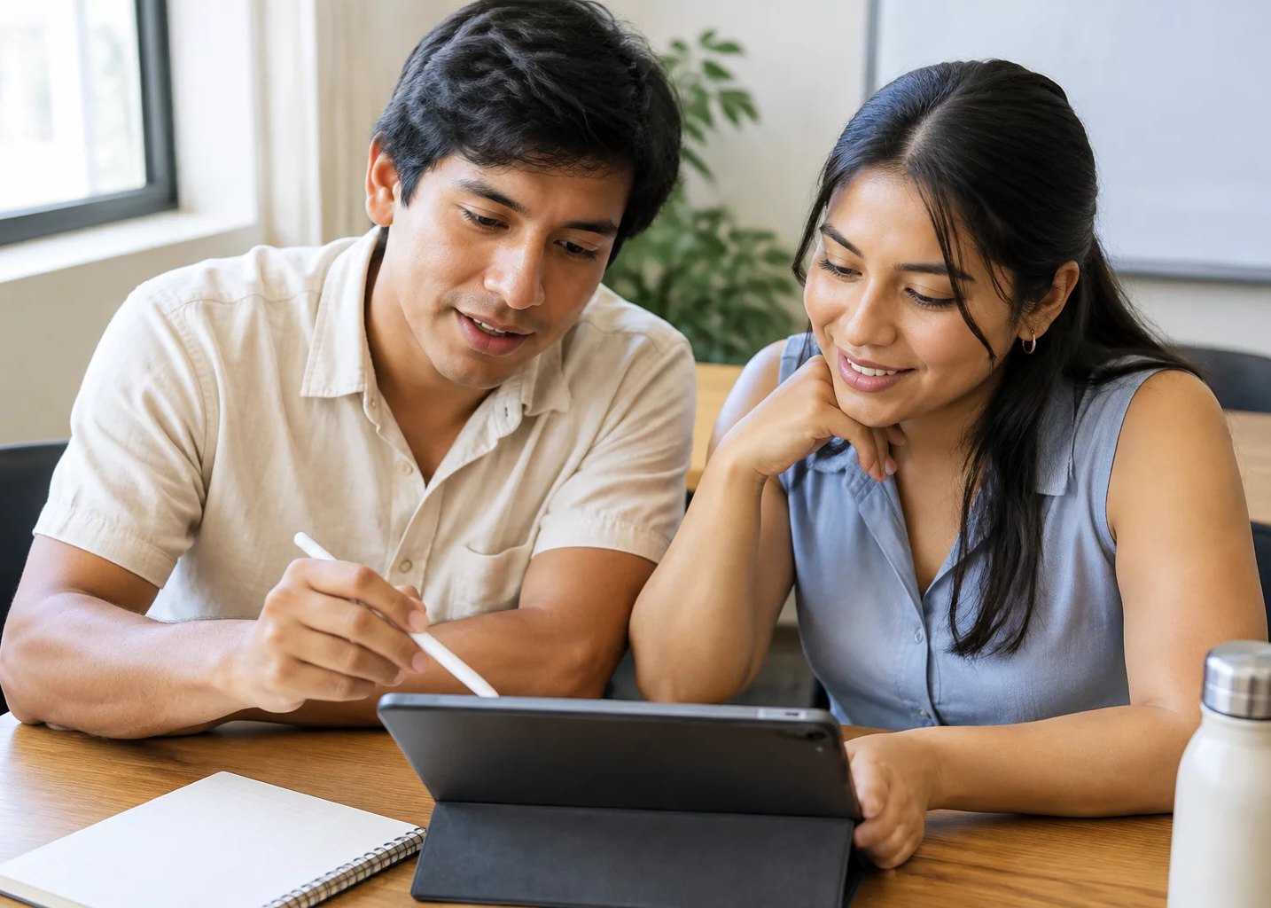 Dos personas inclinadas sobre una tablet con anotaciones