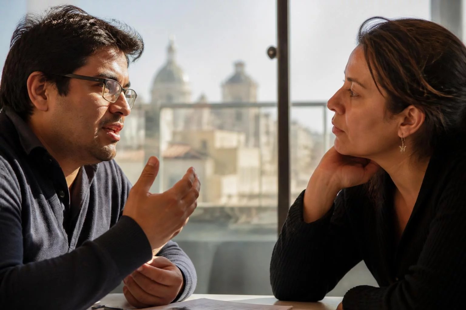 Dos personas sentadas una junto a otra, discutiendo un punto