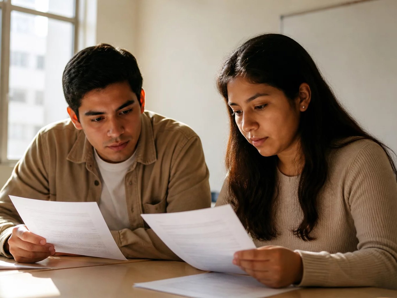 Dos asistentes leyendo juntos las hojas del caso